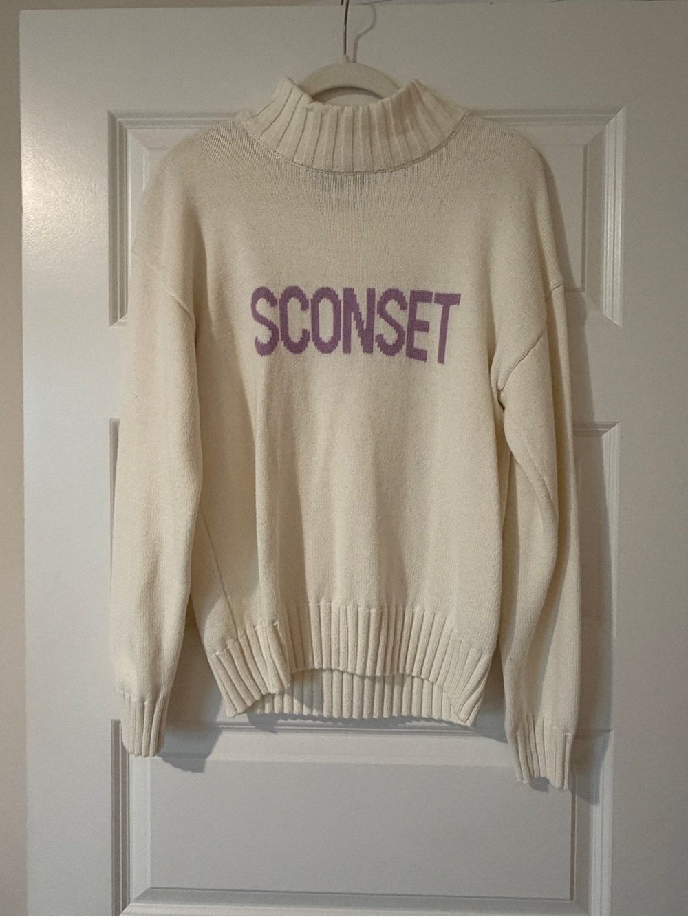 Cream Mock Neck Sweater with Lilac 'SCONSET' Logo
